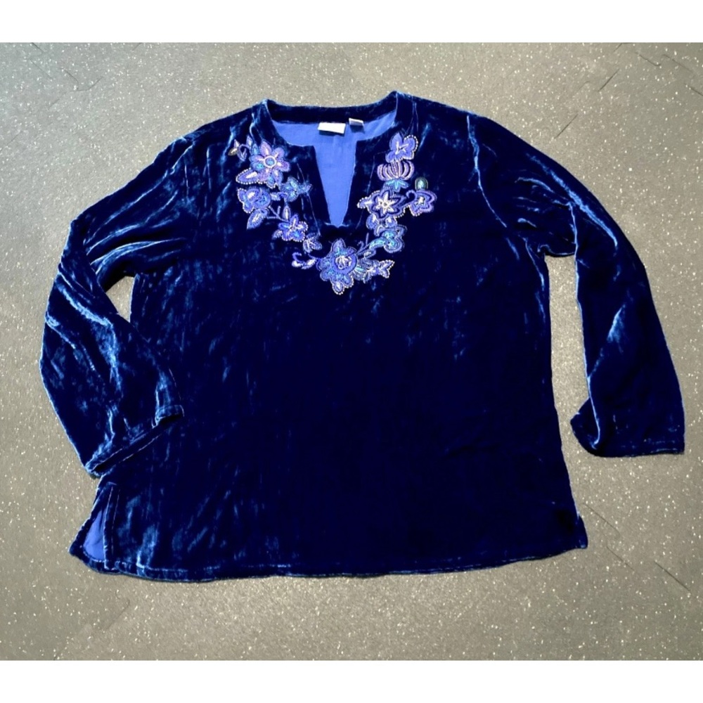 Vtg Chicos Velvet Top Women 3/XL Boho Sapphire Blue Embroidered Chic Blouse Silk - Picture 2 of 12